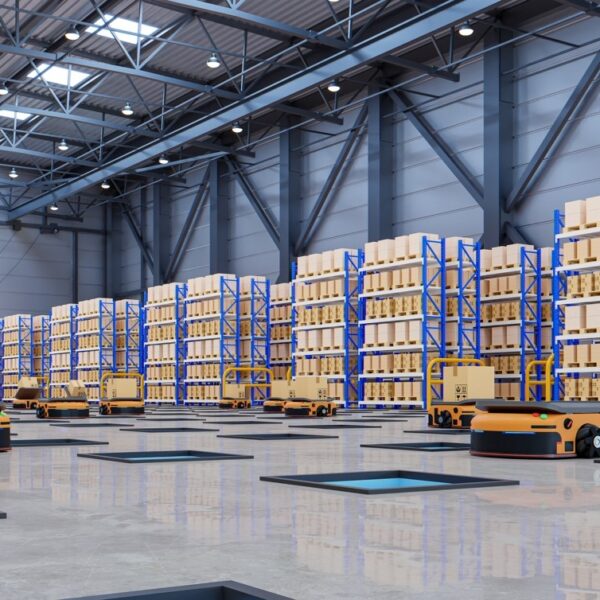 Picture of a very organized distribution warehouse with shelving and boxes