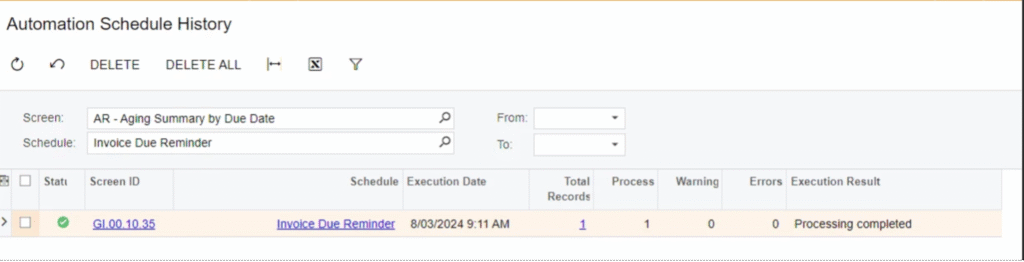 Automation Schedule History Screenshot