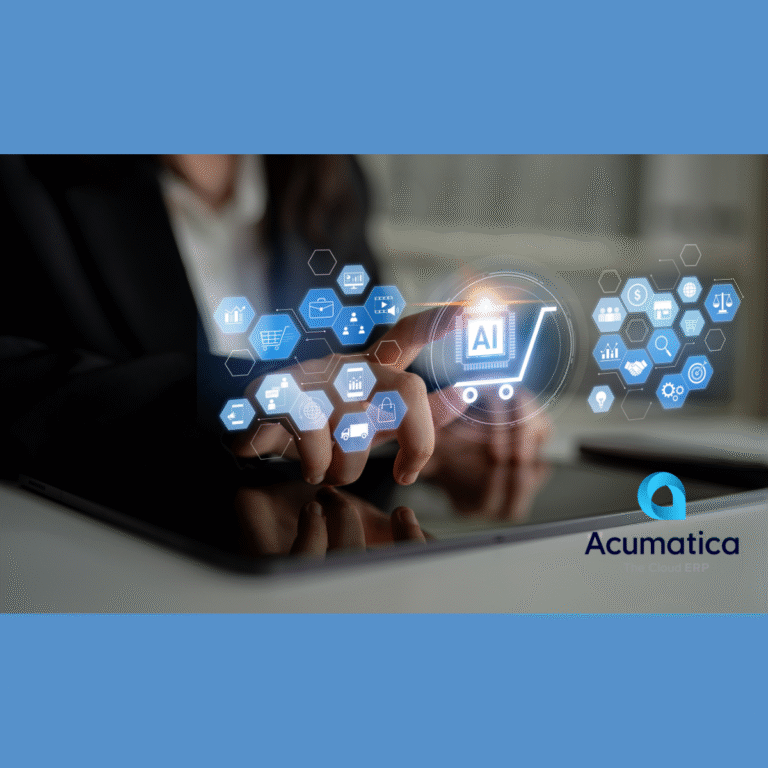 AI-powered e-commerce ecosystem connecting customer data, marketing, logistics, product management, and business intelligence to drive retail efficiency and digital growth Latch, with Acumatica logo