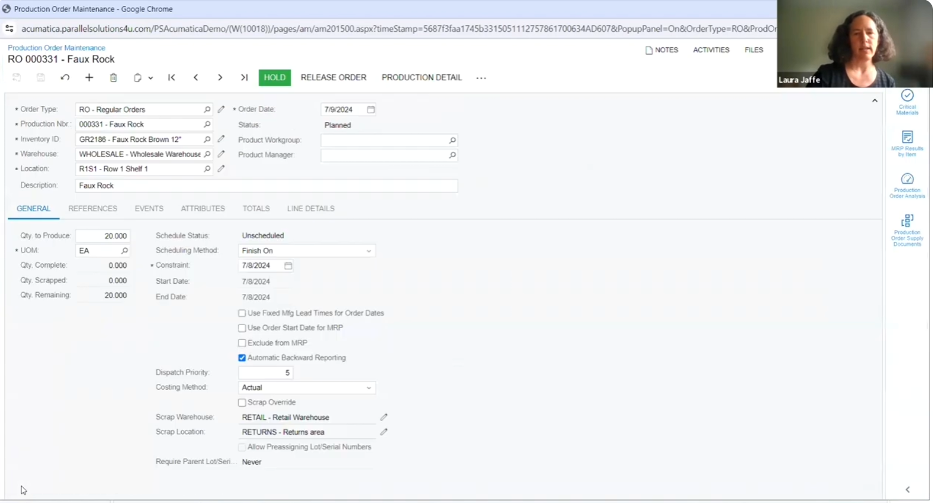 Production Order Screen